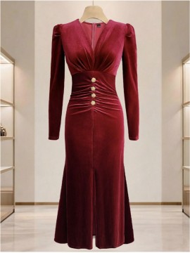 Burgundy/Deeper Red (Maroon) Button-Front Slit & Pleated Waist Dress - Elegant Winter Wedding Guest Gown, Party Evening Dress for Fall/Winter, Hand Washable Solid Color Formal Attire