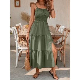 Elegant Mint Green Ruched Spaghetti Strap Maxi Dress for Women - Sleeveless, Cinched Waist, Flowy Vacation Style, Perfect for Spring/Summer, Spaghetti Suspender Dress