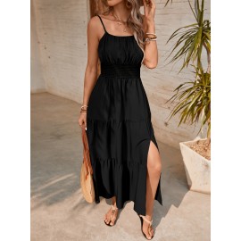 Elegant Mint Green Ruched Spaghetti Strap Maxi Dress for Women - Sleeveless, Cinched Waist, Flowy Vacation Style, Perfect for Spring/Summer, Spaghetti Suspender Dress