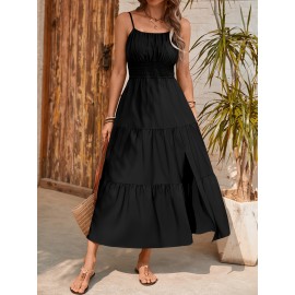 Elegant Mint Green Ruched Spaghetti Strap Maxi Dress for Women - Sleeveless, Cinched Waist, Flowy Vacation Style, Perfect for Spring/Summer, Spaghetti Suspender Dress