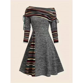 Contrast Striped Drawstring Smocked Dress, Chic Long Sleeve Dress For Spring & Fall, Women's Clothing