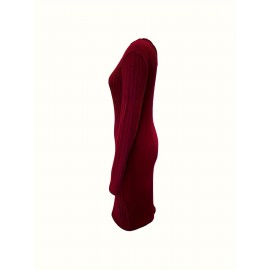 Women's Elegant Off-Shoulder Bodycon Dress - High Elasticity Stretch Fabric, Mid-Length Long Sleeve, Deep Red Solid Color, Machine Washable for Fall/Winter