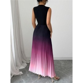 Women'S Elegant Gradient Ombre Sleeveless Maxi Dress - High Neck A-Line Silhouette with Puff Sleeve Accent, Vibrant Purple-Pink-Purple Print, Lightweight Summer Formal & Semi-Formal Evening Gown for Beach Parties, Weddings