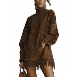 Bohemian Winter Dress with Suede Fringe Hem & Pockets - High Neck Long Sleeve Elegant Loose Fit Dress, 3D Tailored Silhouette for Weddings, Parties, Daily Wear - Machine Washable Autumn Dress