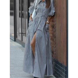 Women'S New Christmas Elements Green Red Plaid Long Casual Fashion Shirt Dress | Three Quarter Length Sleeve, V-neck, Vintage Style, All-season Wear