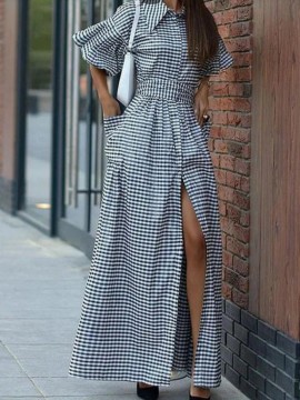 Women'S New Christmas Elements Green Red Plaid Long Casual Fashion Shirt Dress | Three Quarter Length Sleeve, V-neck, Vintage Style, All-season Wear