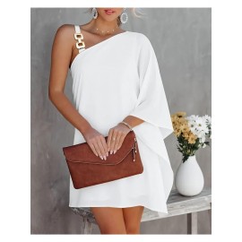 Women'S Elegant One Shoulder Black Midi Dress with Batwing Sleeves & Chain Accent - Boho to Semi-Formal Fitted Top & Flowy Skirt, Asymmetrical Hem, No - Fall/Winter Party Wedding Semi-Formal Attire (No Bra Padding, Natural Silhouette)