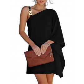 Women'S Elegant One Shoulder Black Midi Dress with Batwing Sleeves & Chain Accent - Boho to Semi-Formal Fitted Top & Flowy Skirt, Asymmetrical Hem, No - Fall/Winter Party Wedding Semi-Formal Attire (No Bra Padding, Natural Silhouette)