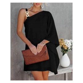 Women'S Elegant One Shoulder Black Midi Dress with Batwing Sleeves & Chain Accent - Boho to Semi-Formal Fitted Top & Flowy Skirt, Asymmetrical Hem, No - Fall/Winter Party Wedding Semi-Formal Attire (No Bra Padding, Natural Silhouette)