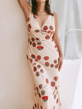 Women'S Long Slim Tank Dress Summer Sleeveless Open Back Deep V Neck Floral Print Dresses