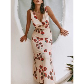 Women'S Long Slim Tank Dress Summer Sleeveless Open Back Deep V Neck Floral Print Dresses