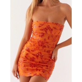 Women's Sexy Red Beaded Floral Off-Shoulder Bodycon Mini Dress - Sparkly Sequin Sleeveless Open Back Tube Top, Summer Party & Night Out Dress, Machine Washable