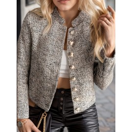 New Lightweight Polyester Elegant Women'S Chic Tweed Blazer - Long Sleeve, Button Front, Non-Sheer, Solid Color Jacket For Work & Casual, Elegant Tweed Blazer