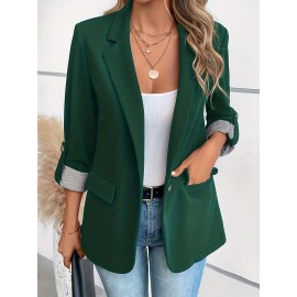 Women's Elegant Solid Black/White Lapel Blazer Jacket - Structured X-Line Single-Button Closure Work Suit Coat with Fake Pockets, Machine Washable Professional Office & Commuter Attire, Year-Round Tailored Outerwear