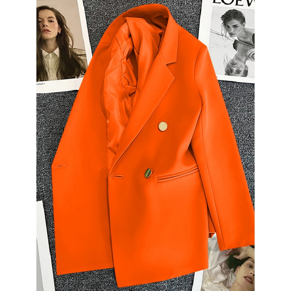 Women's Bright Orange Double-Breasted Lapel Blazer - Oversized Loose-Fit Winter Coat with Pockets, Long Sleeve Tailored Jacket for, Casual & Formal Events, Machine Washable (Vibrant Solid Color Outerwear)