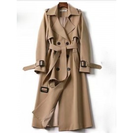 Women's British Style Medium-Length & Long Trench Coat - Knee-Length Button-Front Closure Coat with Wrinkle Detailing, Loose Fit All-Season Outerwear (Machine Washable) for, Casual & Smart-Casual Attire