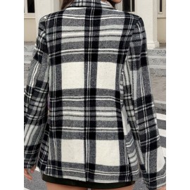 Women'S Elegant Red & Plaid Long Sleeve Jacket - Loose Fit Tailored Coat with Piping Trim, Structured Collar & Cuff Details, Belted Waist for Fall Winter Spring, Casual to Formal Outfits (No Button Closure, Open Front) - Versatile Outerwear for Ever