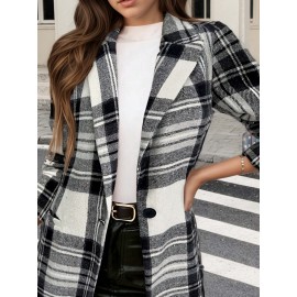 Women'S Elegant Red & Plaid Long Sleeve Jacket - Loose Fit Tailored Coat with Piping Trim, Structured Collar & Cuff Details, Belted Waist for Fall Winter Spring, Casual to Formal Outfits (No Button Closure, Open Front) - Versatile Outerwear for Ever