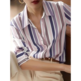 Women'S Casual Striped Long Sleeve Shirt - And Vertical Stripes, Lightweight, Classic Collar Design, Versatile for Spring/Summer/Fall