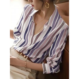 Women'S Casual Striped Long Sleeve Shirt - And Vertical Stripes, Lightweight, Classic Collar Design, Versatile for Spring/Summer/Fall