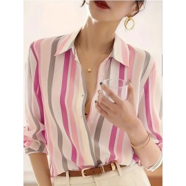 Women'S Casual Striped Long Sleeve Shirt - And Vertical Stripes, Lightweight, Classic Collar Design, Versatile for Spring/Summer/Fall