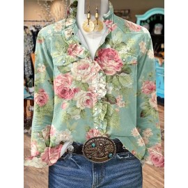 Women's Vintage Botanical Blouse with Ruffle Collar & Long Sleeves - Pink Rose & Green Foliage Print, Non-Sheer Regular Fit Shirt for Fall Winter, Casual or Dressy Outfits