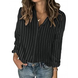 Womens Long Sleeve Button Shirt Blouse Loose Fit Casual V-Neck Tops