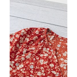 Women'S Red & White Floral Print V-Neck Short Sleeve Blouse - Lightweight Summer Shirt with Relaxed Fit, Machine Washable Nontransparent Fabric, Elegant Casual Top for Beach Outfits, Casual Attire & Semi-Formal Events, Breathable V-Neck Design with