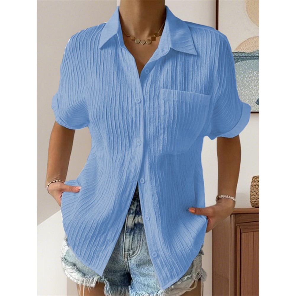 Women Short Sleeve Textured Shirts Solid Color Turn Collar Button Blouses Summer Loose Tops