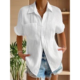 Women Short Sleeve Textured Shirts Solid Color Turn Collar Button Blouses Summer Loose Tops