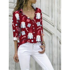 Women's Christmas Gnome & Candy Cane Print Long Sleeve Blouse - Red Collar Button Front Shirt with Gnome & Candy Cane Patterns, All-Season Casual & Holiday Party Outfit, Machine Washable Festive Sweater-Like Top