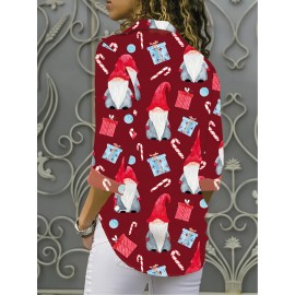 Women's Christmas Gnome & Candy Cane Print Long Sleeve Blouse - Red Collar Button Front Shirt with Gnome & Candy Cane Patterns, All-Season Casual & Holiday Party Outfit, Machine Washable Festive Sweater-Like Top