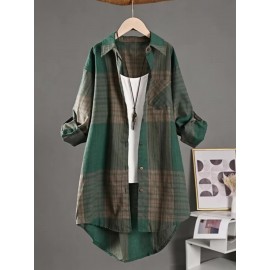 [Stylish Retro Shirt] Stylish Retro Striped Plaid Long Shirt for Women | New Casual Loose Long Sleeve Blouse