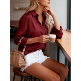 Women's Elegant Satin Business Shirt - Long Sleeve Solid Color Professional Office Blouse, Shiny Smooth Texture Dress Shirt for, Meetings & Year-Round Wear (Hand Wash/Dry Clean)