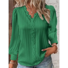 Fall Long Sleeve V-Neck Ruffled Panel Blouse for Women | Feminine Casual, Elegant Style, Solid Color, Suitable for Spring/Fall
