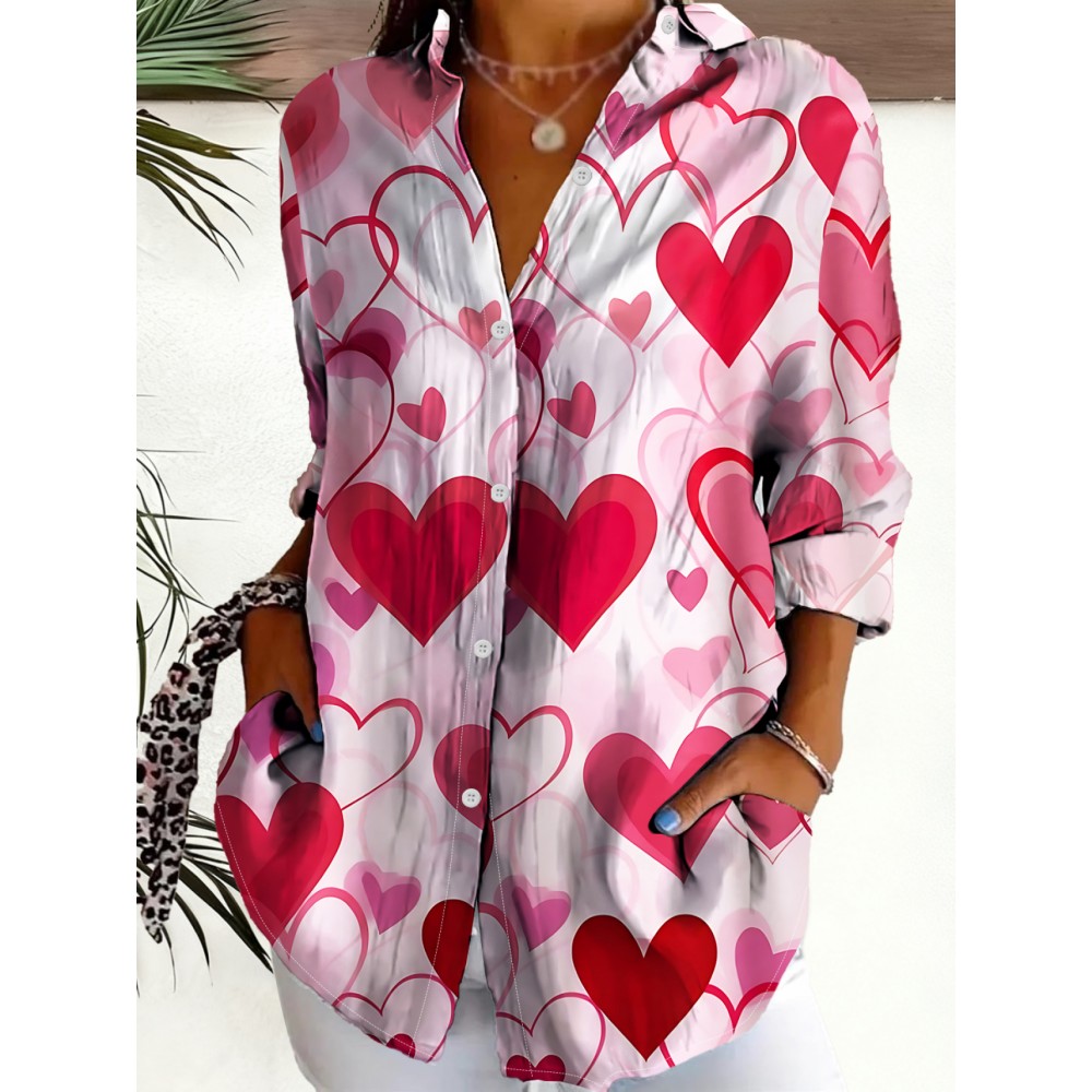 Women's Red Heart Print Lapel Button-Front Shirt Blouse - Valentine's Day Outfit, Spring Summer Casual & Dressy Tops, Machine Washable Resort Style Collar Shirt for Beach Vacations & Romantic Events