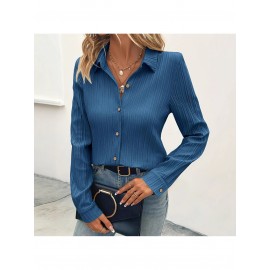 Women's Slim-Fit Lapel Collar Long Sleeve Shirt Jacket - Solid Blue (Navy/Turquoise/Lavender/Dark Brown) Button-Front Blazer, Wrinkle-Resistant & Machine Washable, Elegant Casual to Professional Wear for Spring/Autumn, Versatile to