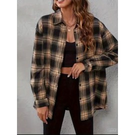 Elegant Women's Plaid Shirt - Polyester, Machine Washable, Non-Sheer, Collared, All-Season Fashion Blouse