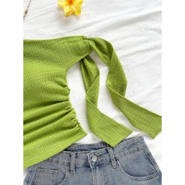 Women's Elegant Blouse with Asymmetric One-Shoulder Neckline & Ruffled Hem - Slim Fit Top, Medium Stretch Solid Color Shirts for Year-Round Wear, Machine Washable for, Semi-Formal or Party Outfits