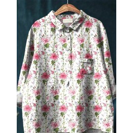 Women's Large Size Elegant Floral Print Blouse - Oversized Loose Fit Long Sleeve Shirt Jacket-like Collar, Lightweight Breathable Non-Sheer Fabric (Pink/Green/White/Grey/Brown) All-Season Office & Casual Wear with Chest Pocket -