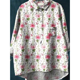 Women's Large Size Elegant Floral Print Blouse - Oversized Loose Fit Long Sleeve Shirt Jacket-like Collar, Lightweight Breathable Non-Sheer Fabric (Pink/Green/White/Grey/Brown) All-Season Office & Casual Wear with Chest Pocket -