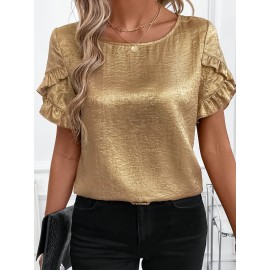 [Elegant Blouse] Elegant Golden Foil Women's Blouse | Round Neck Short Sleeve Summer Shirt, Machine Washable Solid Color Top for Casual & Formal Occasions, Ruched Shoulder Design, Lightweight Fabric