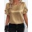[Elegant Blouse] Elegant Golden Foil Women's Blouse | Round Neck Short Sleeve Summer Shirt, Machine Washable Solid Color Top for Casual & Formal Occasions, Ruched Shoulder Design, Lightweight Fabric