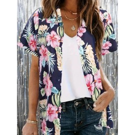 Women's Hawaiian Shirt - Short Sleeve A-Line Tropical Hibiscus & Palm Print Button-Front Blouse, Pink/Orange/Green/Navy Blue - Soft Breathable Aloha Top for Beach Vacation, Hawaiian Luau Party & Summer Outfits (Machine Washable)