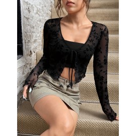 Women's Semi-Sheer Blouse with Botanical Leaf Print & Adjustable Tie-Front - Lightweight All-Season Lace-Like Sheer Panel Shirt, Hand Washable Elegant Casual to Dressy Tops (Plant Pattern)