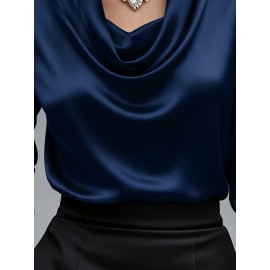 [Solid Color Versatile] Elegant Women's Long Sleeve Blouse - Soft Wrinkle-Resistant, Button-Front, Round Neck & Collar, All-Season Office Shirt