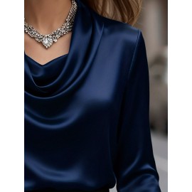 [Solid Color Versatile] Elegant Women's Long Sleeve Blouse - Soft Wrinkle-Resistant, Button-Front, Round Neck & Collar, All-Season Office Shirt