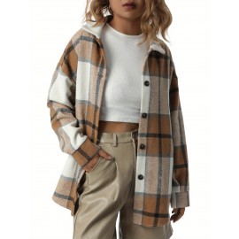 Women'S Button Plaid Print Shirt Jacket Casual Long Sleeve Lapel Loose Coat Going Out Jacket Outwear, Casual Wear, Summer Coat
