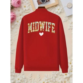 Women'S Red Midwife Graphic Zip-Up Jacket - Casual Long Sleeve Outerwear with 