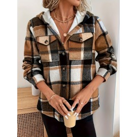 Women's -Lined Plaid Shirt Jacket - Warm Thick Winter Coat with Button Front Closure, Longline Fall Outerwear, Machine Washable Casual Blouse for Christmas & Cold Weather